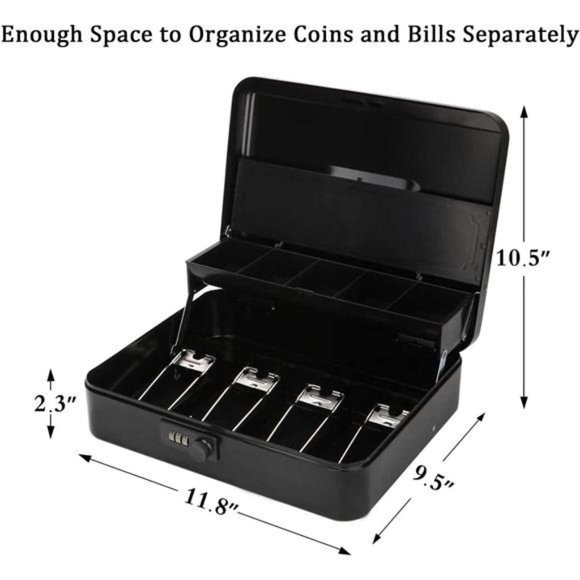 Large Locking Cash Box with Money Tray, Lock Box with Security Cable Metal Box - Picture 5 of 6